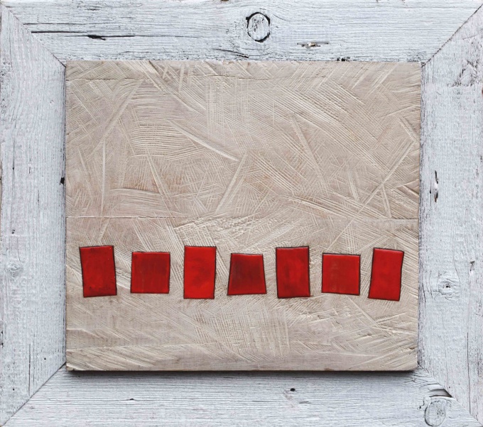 abstraktní obraz Tučňáci v červeném dřevo, smalty, olej 53 x 47