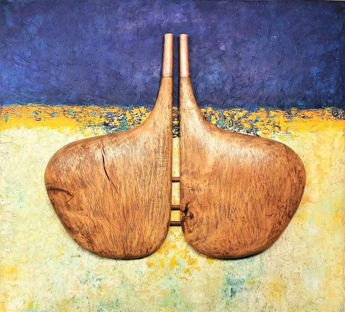 Blíženci - abstraktní obraz Blíženci - překližka, lípa, měď, olej 120 - 100 cm