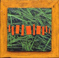 abstraktní obraz Tanec v pralese dřevo, smalty, olej 37 x 37